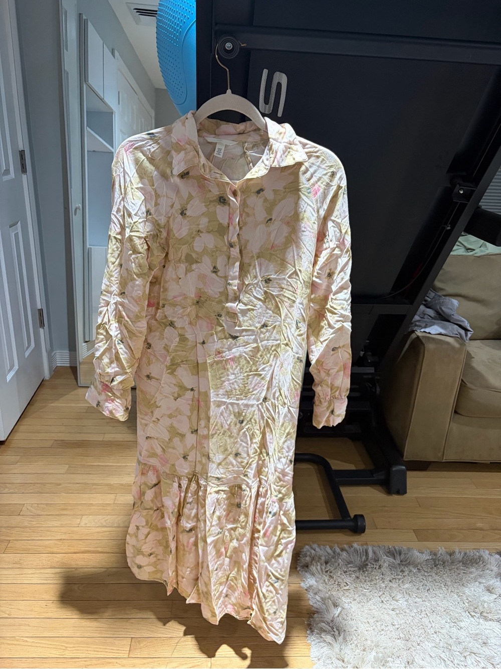 H&M Pink and Cream Floral Long Sleeve Button-Front Dress